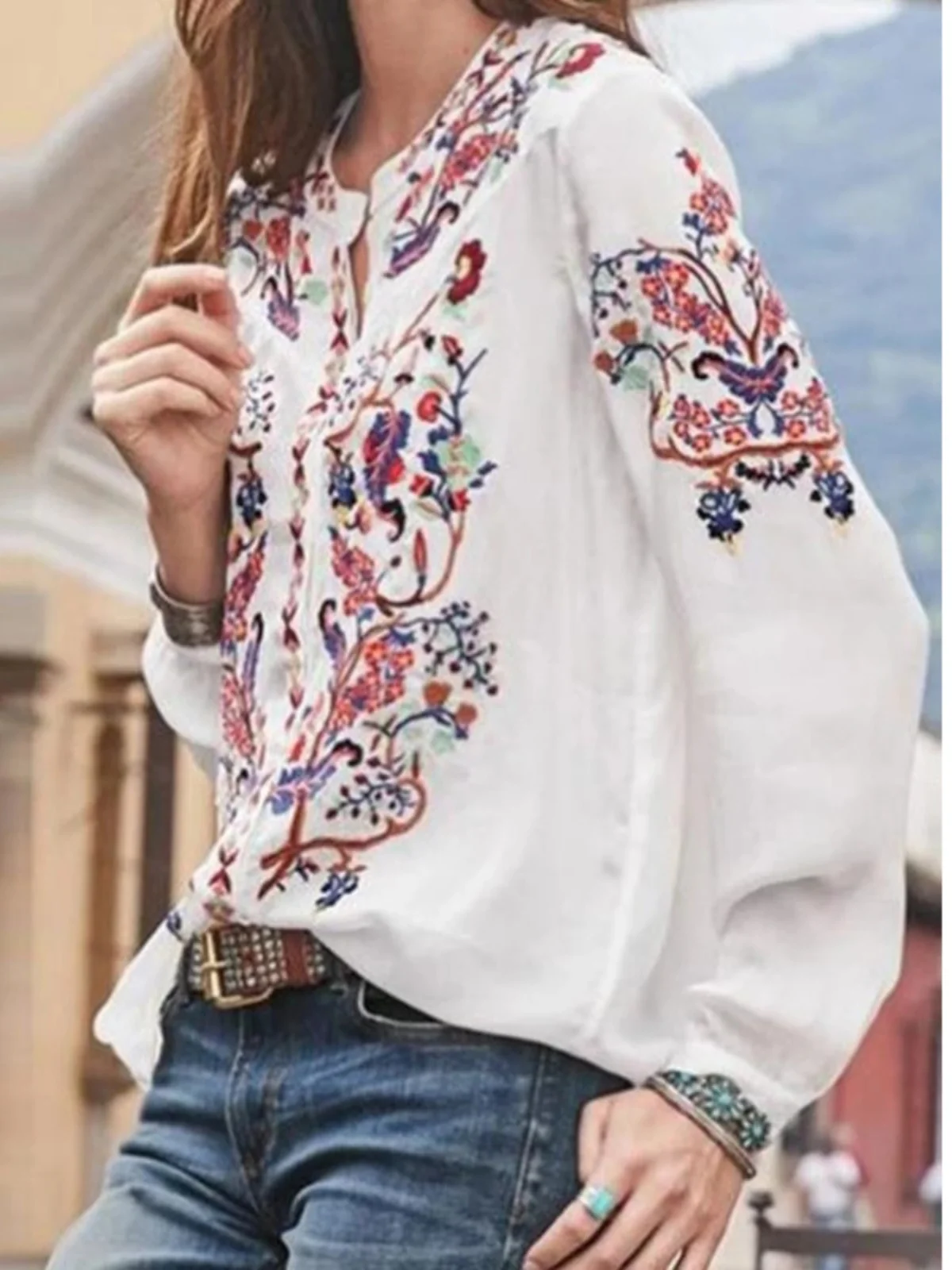 

Long Sve Printed Standing Collar irt Top Women's Premium Faion Polyester Autumn T-irt Loose Fit Regular Length