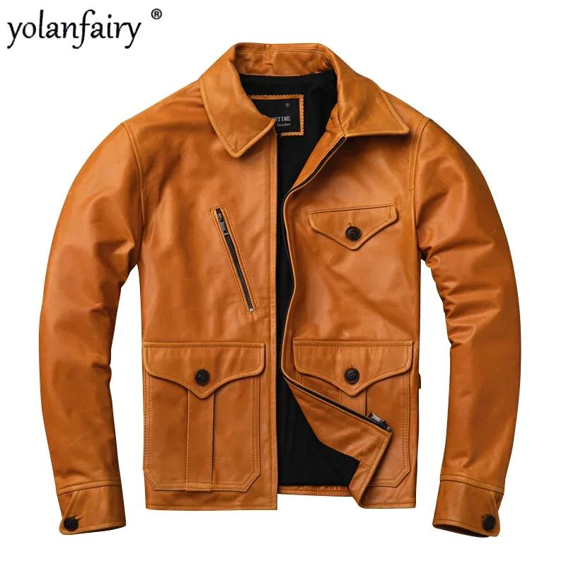 

YOLANFAIRY Men's Leather Jacket Pure Sheepskin Oil Wax Retro Orange Leather Clothes Motorcycle New in Jackets and Coats FCY4627