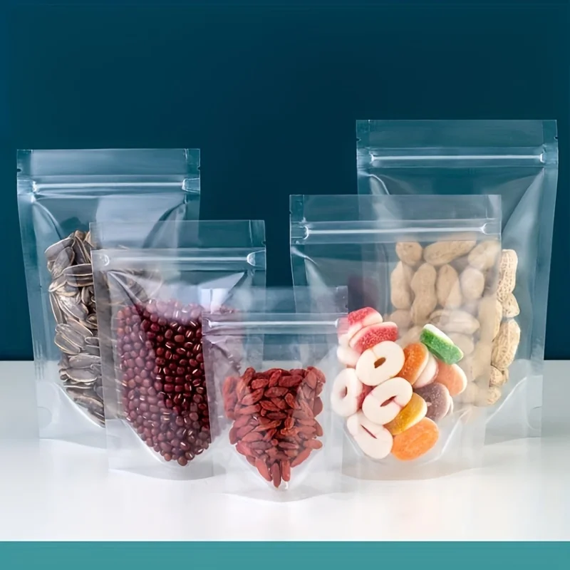 50pcs Transparent Clear Stand Up Plastic Bags With Zipper for Dried Fruit Storage/Candy/Snack/Nut/Grains/Tea packaging