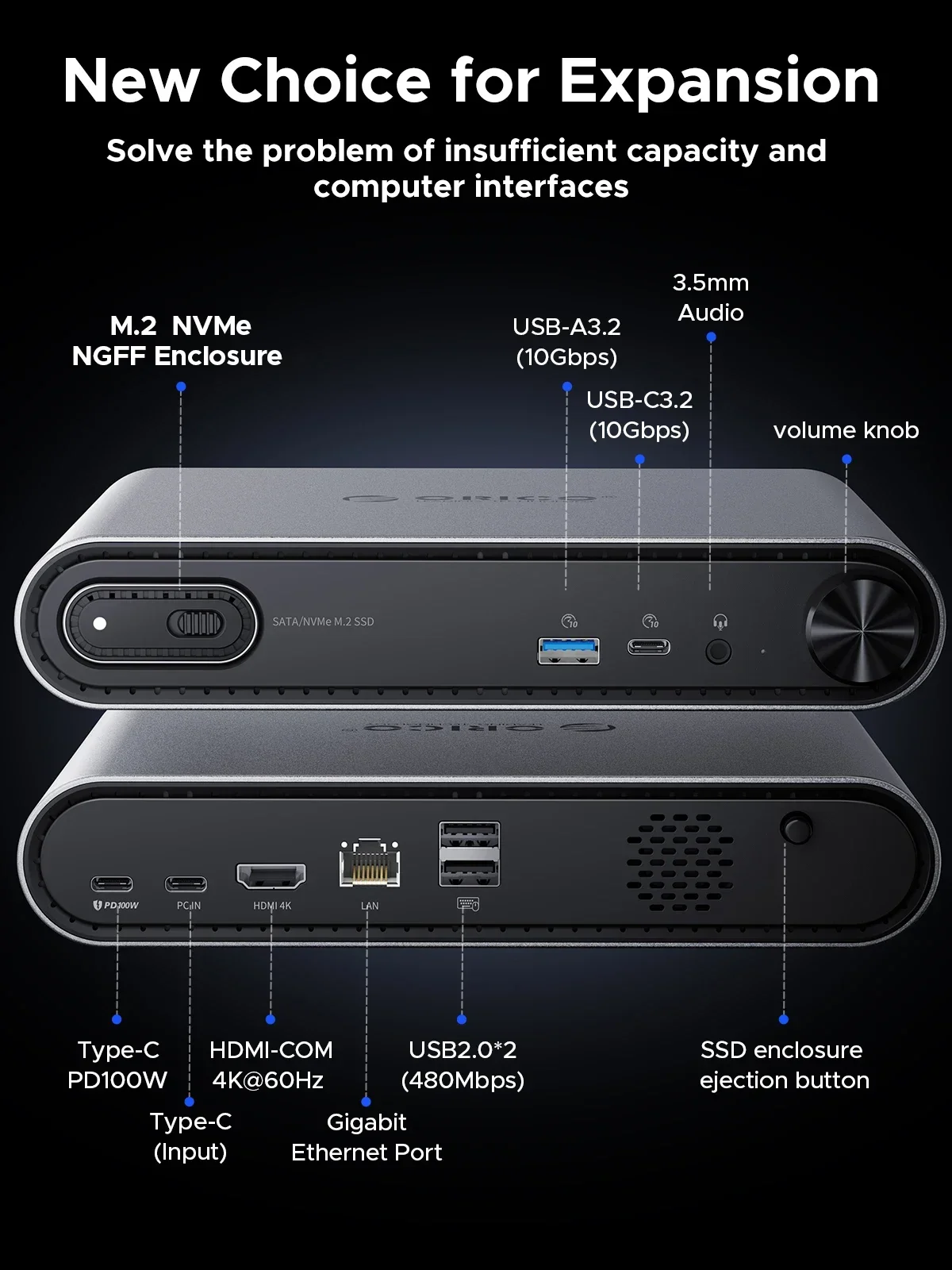 ORICO M.2 NVME SSD Case 10 in 1 USB C Docking Dtation with PD100W Charging Ethernet 4K60Hz HDMI-com 3.5mm Audio Volume Control