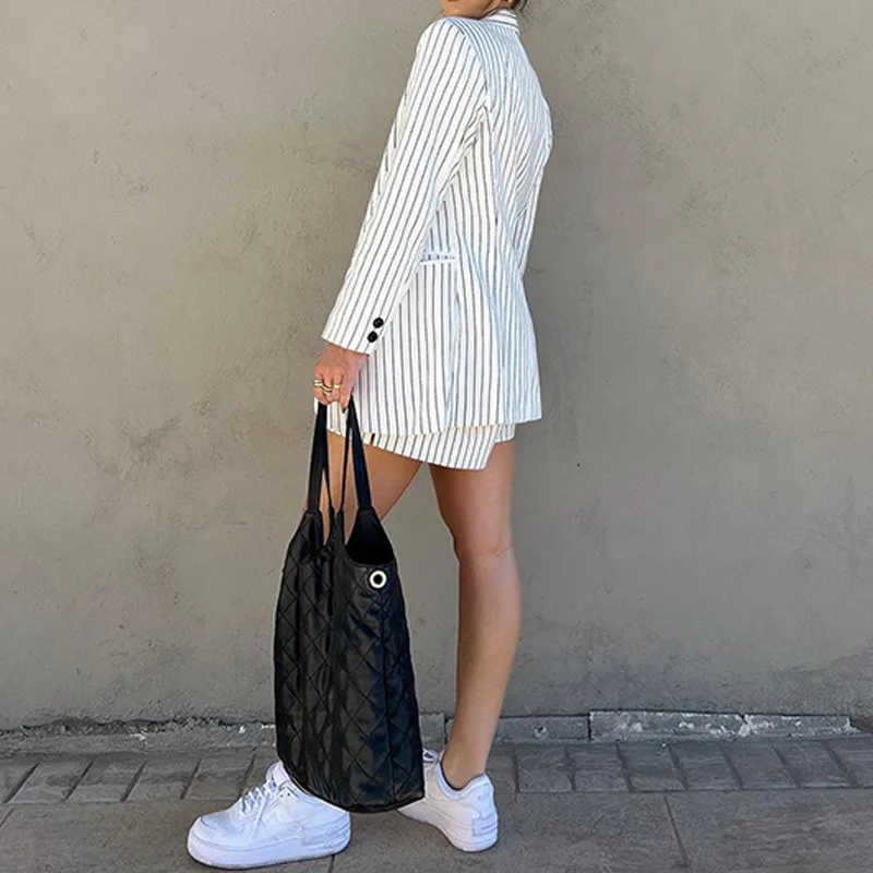 2023 New Autumn Cross-border Women's Fashion Temperament Striped Long-sleeved Suit Shorts Two-piece Set