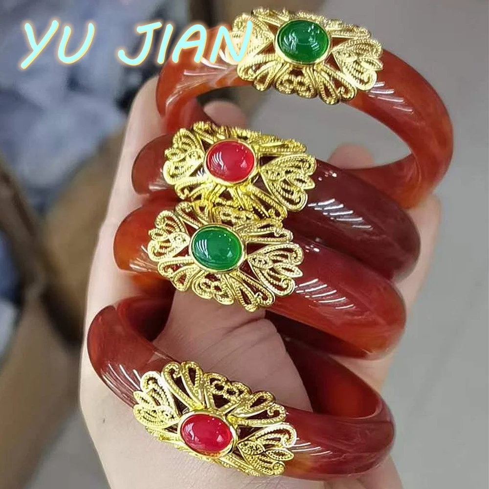 

Chinese Style Vintage Gold-plated Silver Inlaid Agate Chalcedony Natural A Grade Jade Jadeite Bracelet Bangle Newest Jewelry