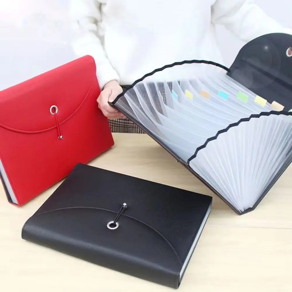

Waterproof PU Leather Document Bag with Labels 13 Pockets Expanding File Holder Elastic Sealing Design Multifunctional