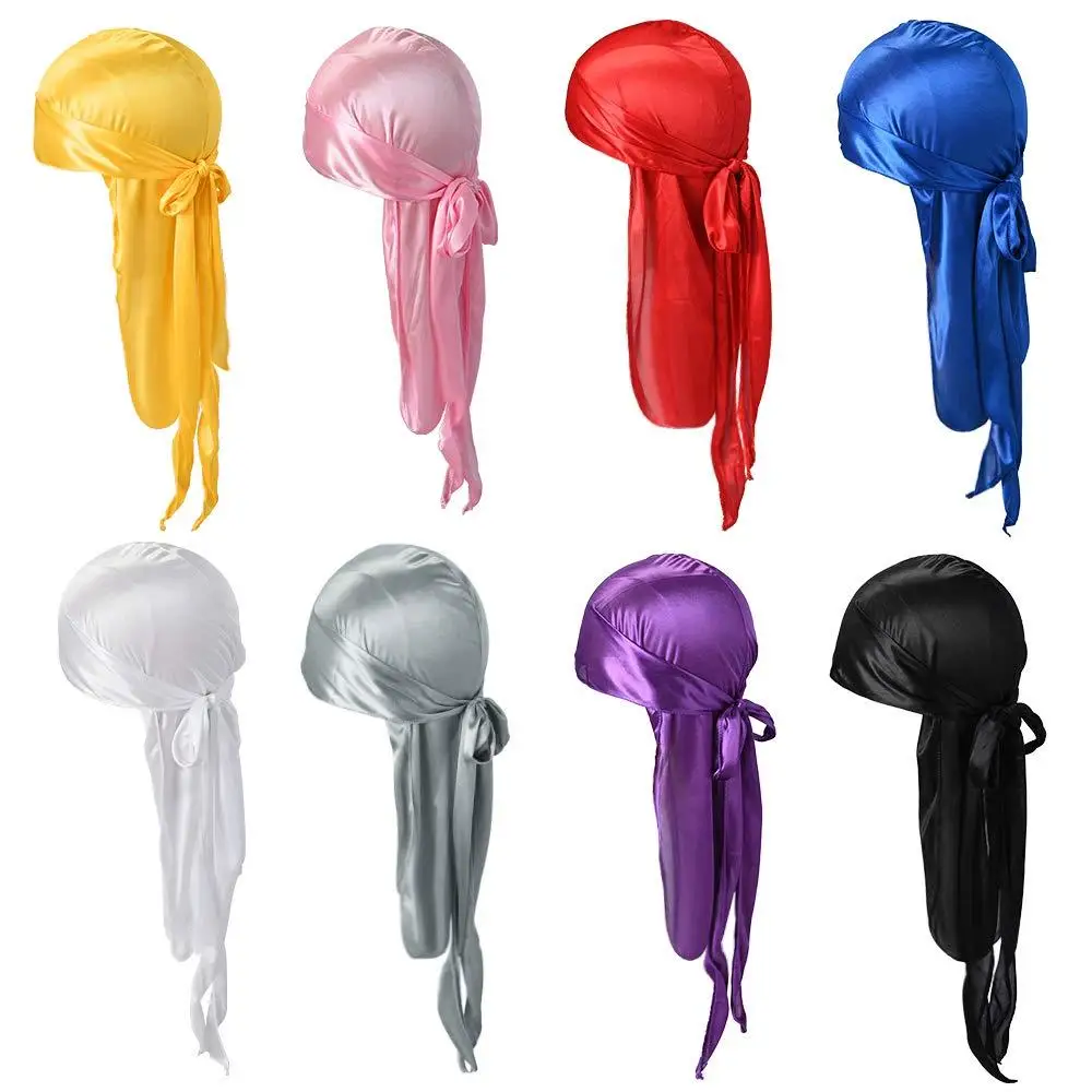 Mulheres bandanas turbante chapéu perucas doo masculino chapéu de turbante perucas de seda durags com cauda longa extra e tiras largas de seda durag para homens