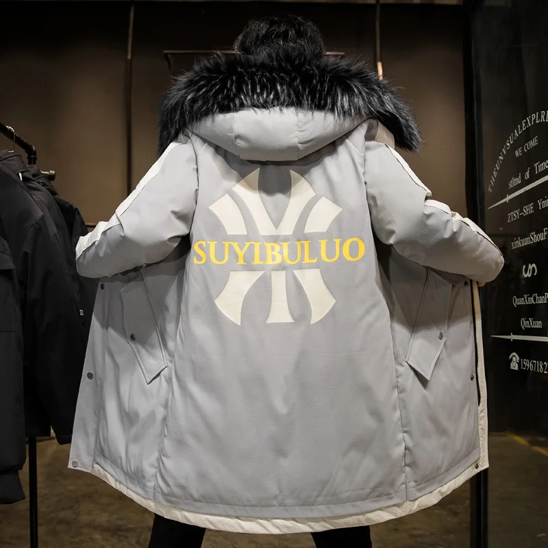 Jaqueta de pato branco masculina com capuz, parkas quentes, casacos grossos, pele destacável, tops de comprimento médio, roupas de inverno, roupas da moda, 2024