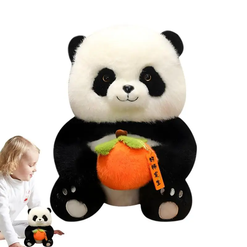 Panda Stuffed Doll Animal Plush Doll Cuddly Zoo Nursery Plushies Adorable Animal Comforting Toy Holding Persimmon For Good Luck