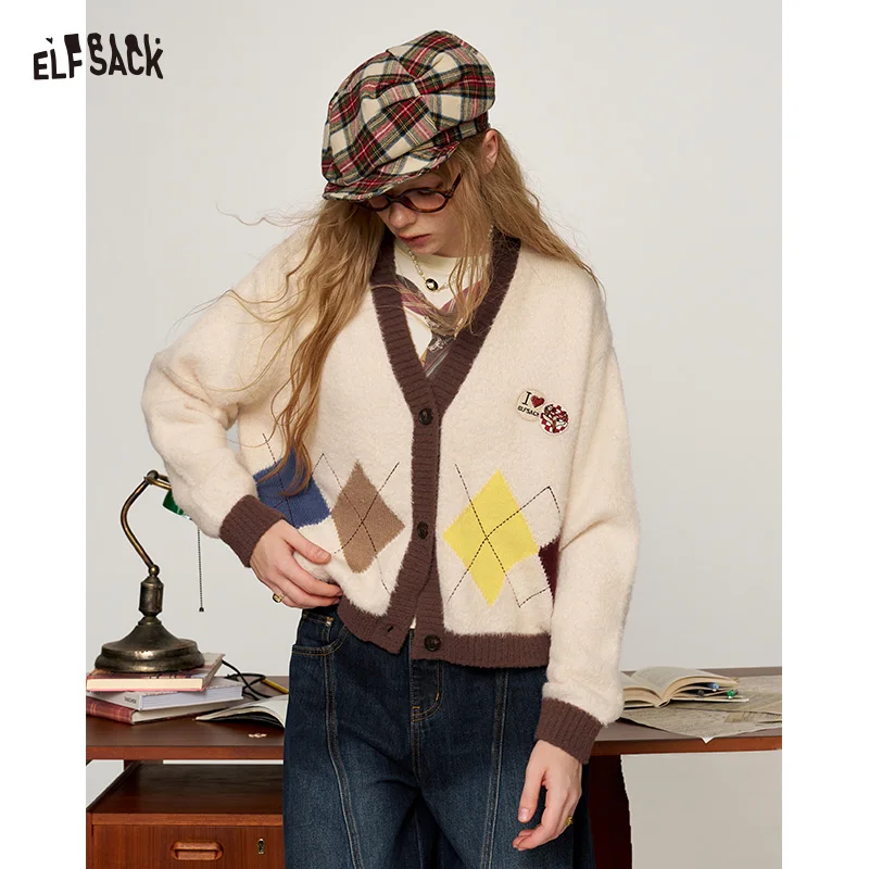 ELFSACK Women Vintage Cropped Knit Cardigan with Argyle Pattern & Badge Patch, Y2K Contrast Trim Sweater for Fall Daily Wear