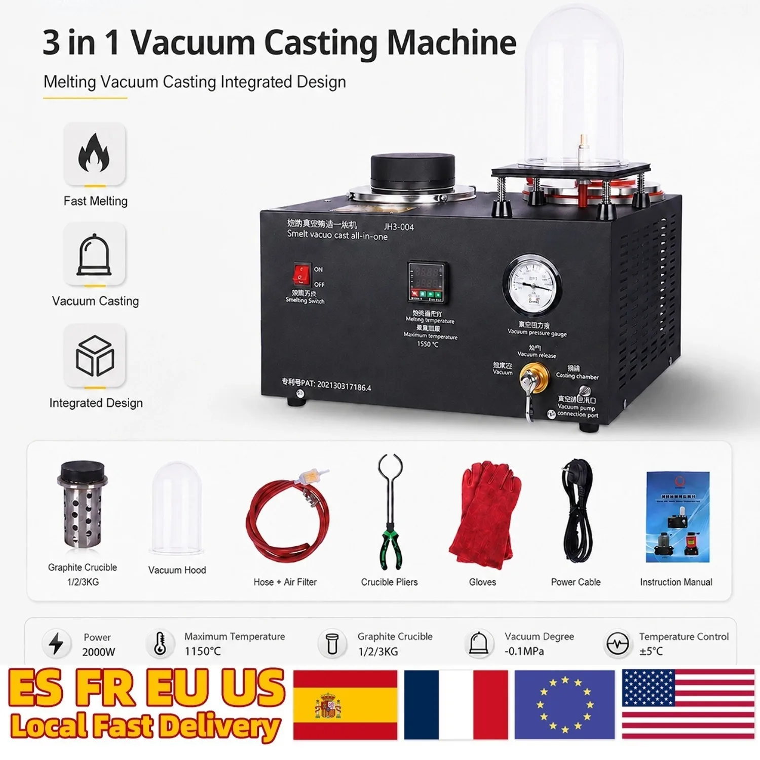 110V 3-in-1 Jewelry Vacuum Casting Machine Melting Furnace 1150 Integrated Gypsum Mold Jewelry Reverse Molding Machine Digital Display 2KG Gold/Silver Melting & Refining Tool Jewelry Casting Tools Equipment
