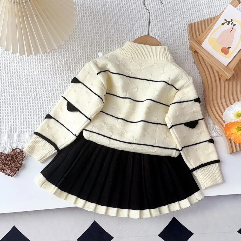 Bear Leader Autumn Winter Striped Color Blocked Knitted Sweater+Pleated Skirt 2-piece Set Red Christmas New Year Girl Clothes