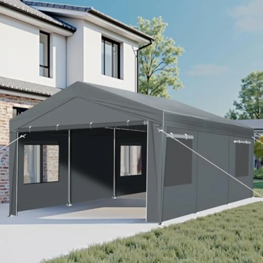 12x20 ft Carport Car Port Canopy Cover, Heavy Duty Portable Garage with Doors, Ventilated Windows, Waterproof and UV Resistant