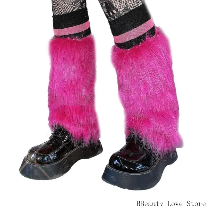 غطاء الحذاء الفراء فو هاراجوكو الورد الأحمر فروي الساق دفعة الجوارب الشتوية للنساء #5