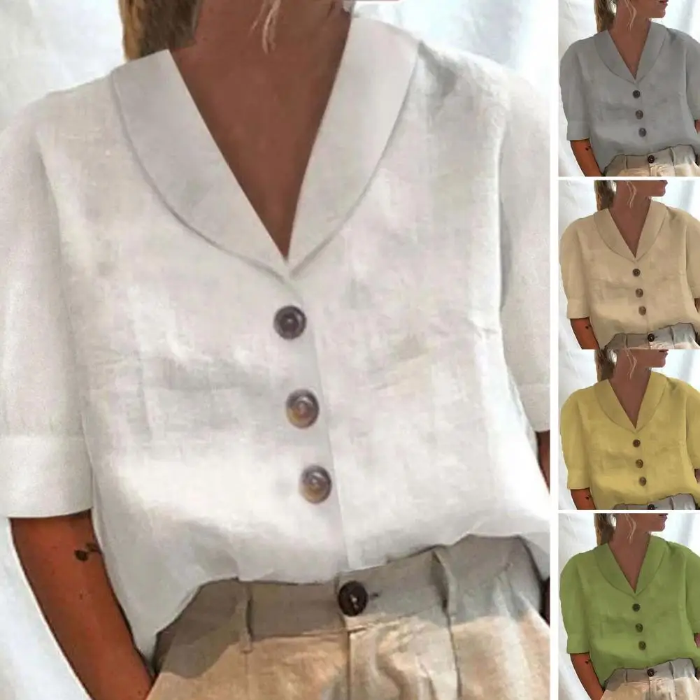 Button-up kemeja kasual wanita, atasan gaya dengan kerah Lapel lengan pendek desain Single Breasted warna Solid untuk wanita musim panas