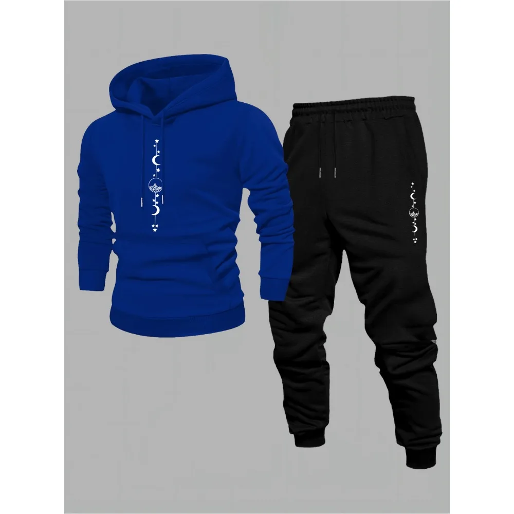 Men's Autumn Winter Hooded Sweatshirt Set Casual Sportswear Trendy American High Street Printed Jacket And Pants Full Set view 3