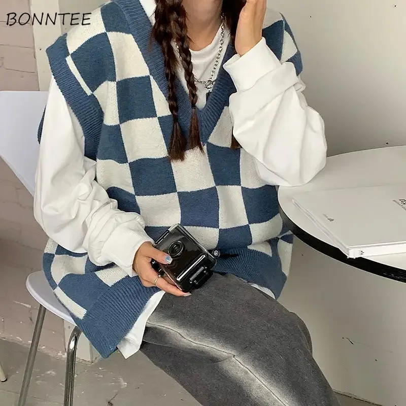 Maglione Gilet Donna Plaid Allentato Moda Preppy Dolce Quotidiano Harajuku Adolescenti Femme Vintage Maglioni di lavoro a maglia con scollo a V Primavera Autunno Nuovo