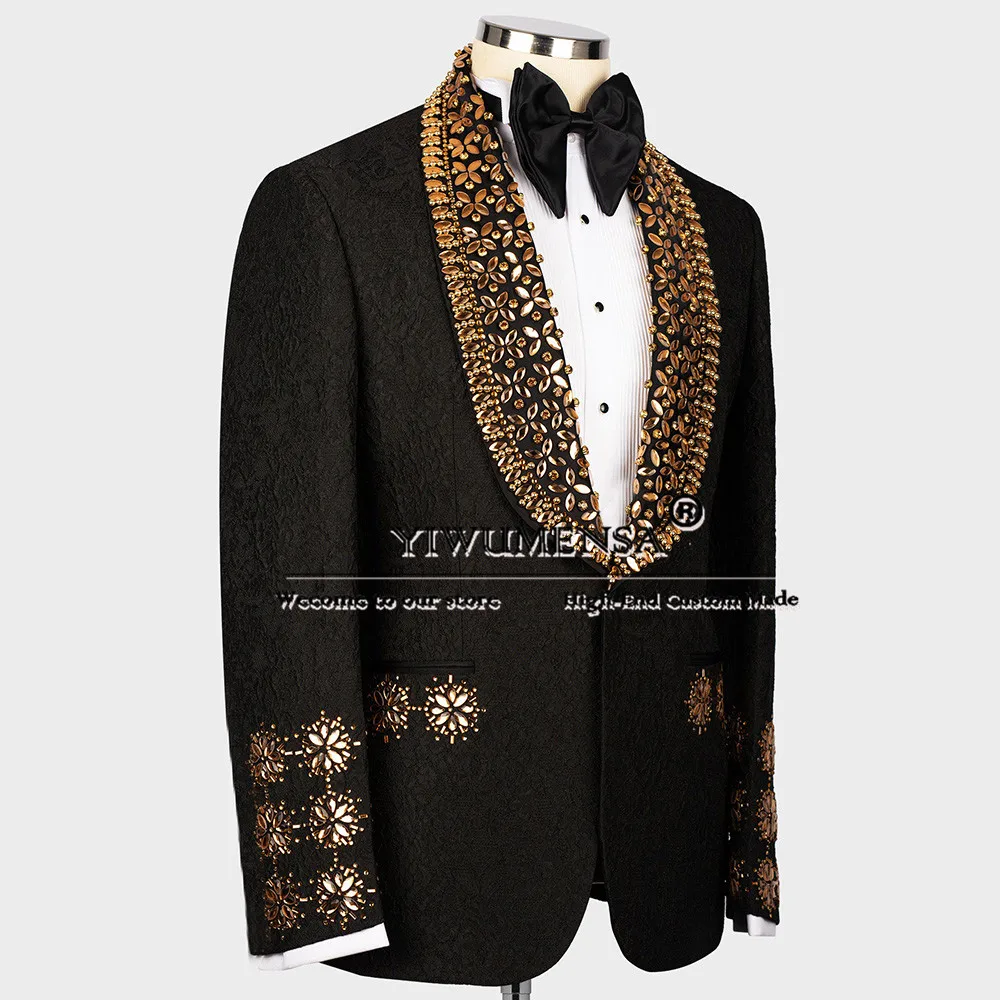 Black Shawl Lapel Suits Men Handmade GEM Stone Beaded Jacquard Prom Blazer Formal Business Dinner Groom Tuxedo 2 Pieces Tailored