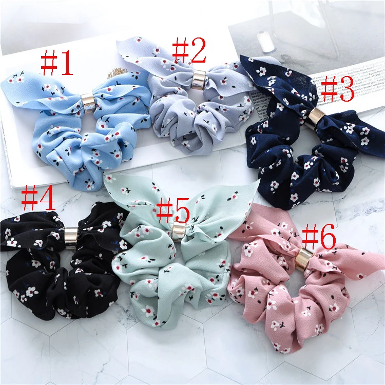 36pcs/lot Korean Chiffon Bows Elastic Hair Bands Women Scrunchies Alloy Round Hair Ties Rope Bands Bunny Ears Girls Headwear