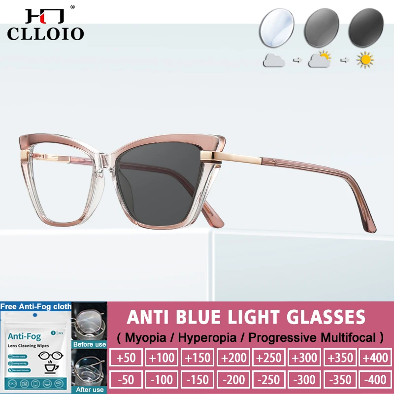 

CLLOIO Luxury Women Myopia Photochromic Butterfly Frame Prescription Progressive Glasses Casual Anti Blue Ray Reading Eyewear