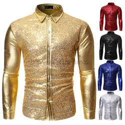 Men's Shiny Gold Sequin Nightclub Shirt 2023 Brand New Slim Fit Party Wedding Glitter Men Dress Shirt Stage Singer Prom Costume