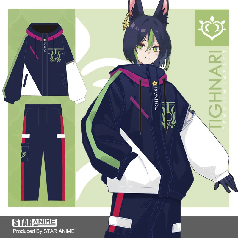 

NEW Anime Genshin Impact Tighnari Cosplay Cool Hooded Coat Harajuku Casual Sweatshirt Springs Autumn Unisex Loose Jacket Pants