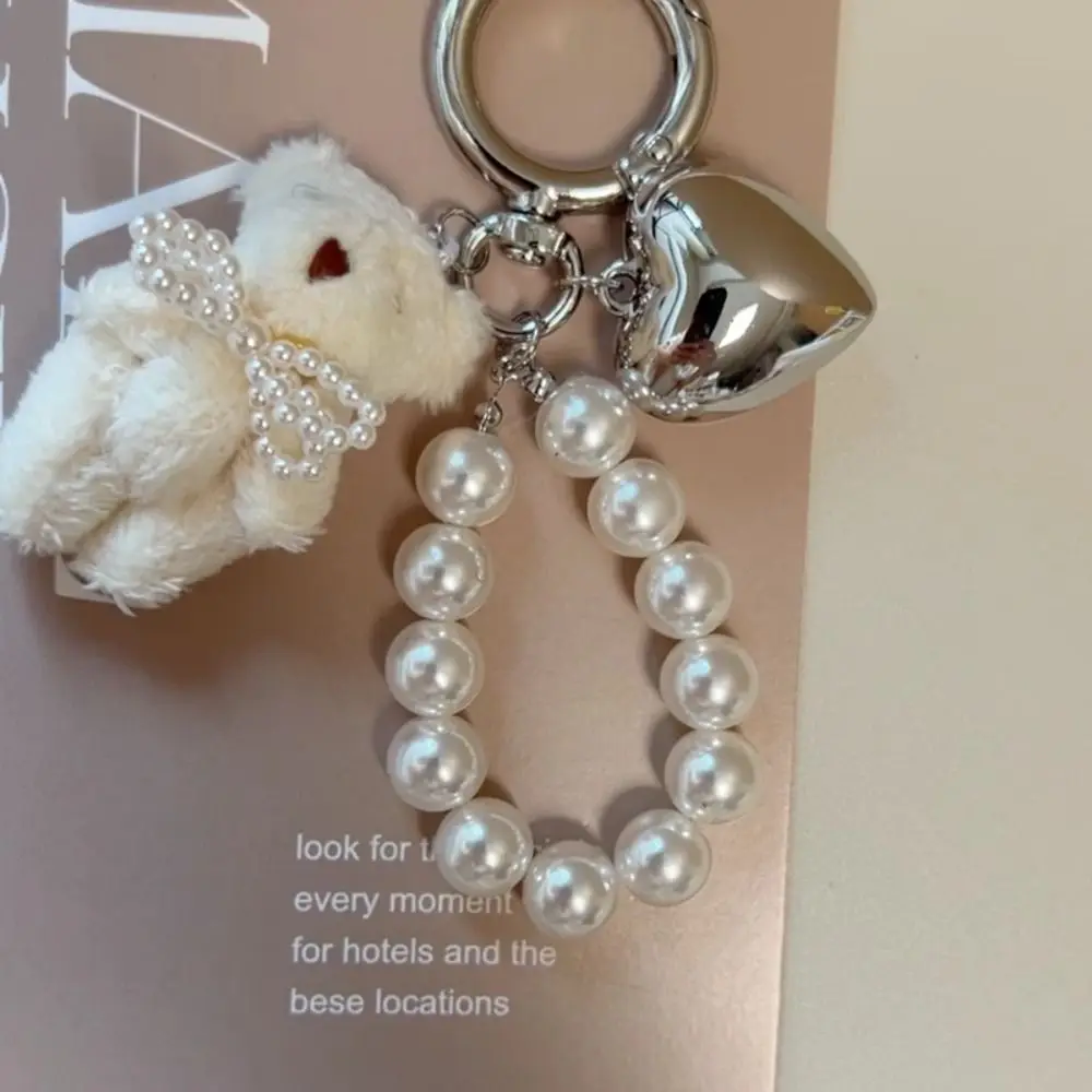 Kawaii Sweet Fluffy Plush Bear Keychain Bag Accessories Heart Keyring Pearl Bowknot Doll Pendant Handbag Pendant Gifts
