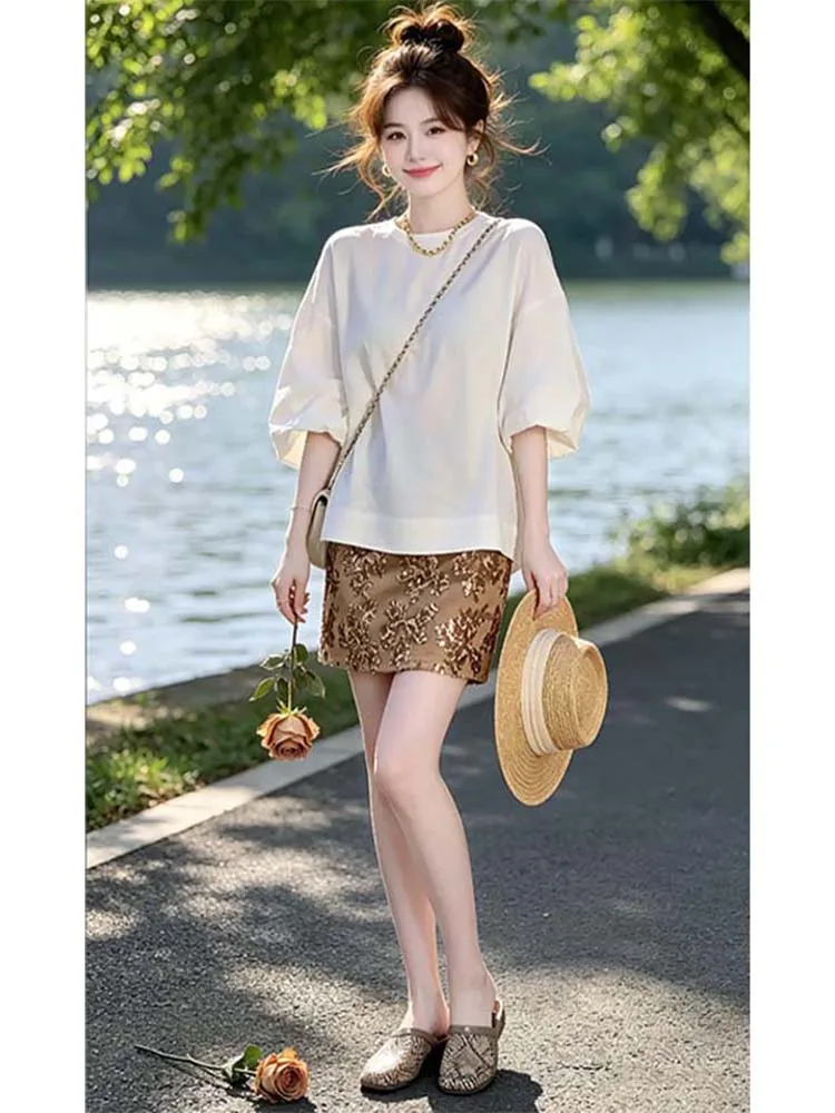 

Korean Style Summer New Lantern Sleeve round Neck Women's Two-Piece Set Short Skirt Slimming Effect Fashionable Casual Wear