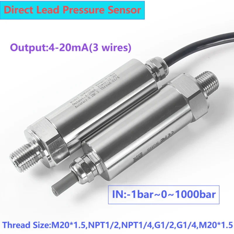 4-20mA 3wires Pressure Sensor Transmitter Waterproof M20*1.5 G1/4 NPT1/2 NPT1/4 Pressure Transducer 200bar 100bar 50bar 1000bar