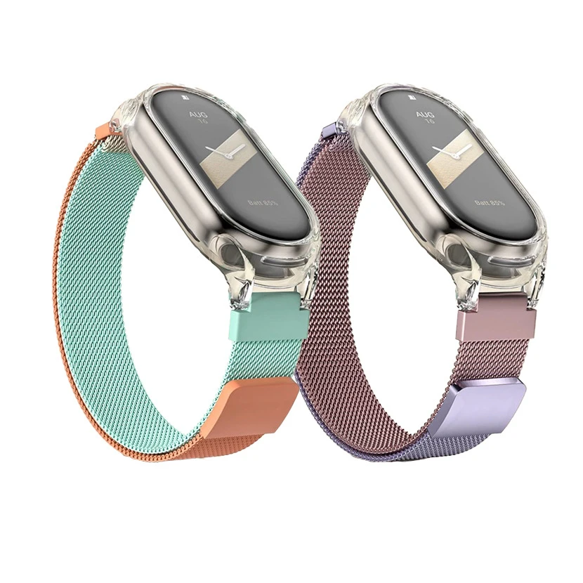 Metal mesh strap for mi band 8 smartwatch wristband xiaomi mi band 3 4 5 6 7 transparent case magnetic watchbands