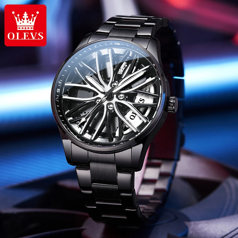 OLEVS Mens Watch Creative 3D Spinning Car Wheel Rotating Watches Rim Hub Design Fashion Quartz Watch Gifts for Car Enthusiasts