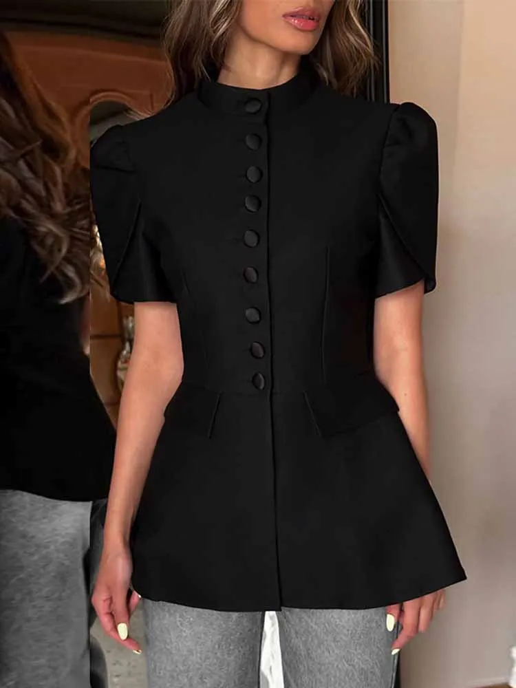 

MCDV Casual Single-Breasted Women's Shirt Elegant Stand Collar Puff Short Sleeve High Waist Slimming Suit Jacket 2025 Streetwear