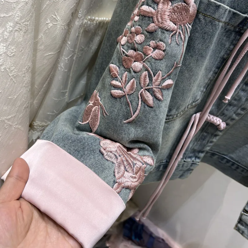 Chinese Style Buckle Denim Jacket For Women's Vintage Embroidery Stand Up Collar Top 2025 Spring Autumn Long Sleeve Jeans Coat