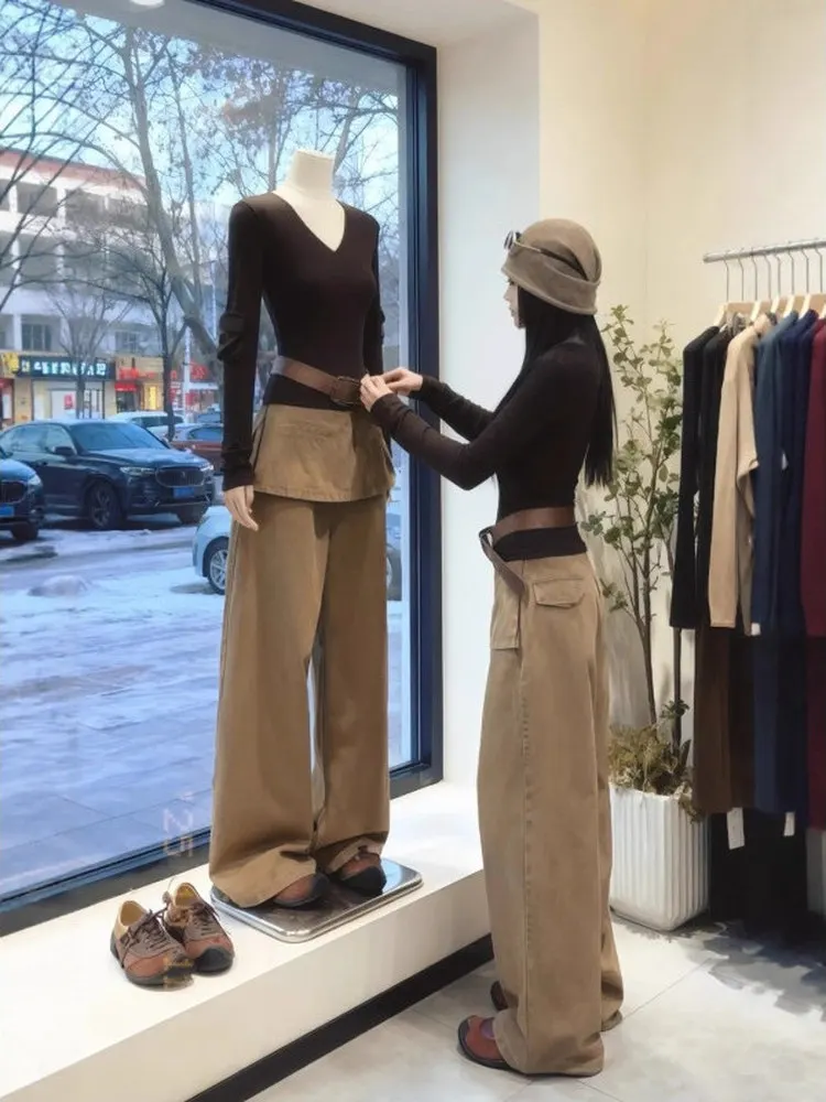 

American Retro High Waist Wide Leg Jeans Women's Autumn Winter Loose Slimming Floor-Length Pants Knife Design Casual