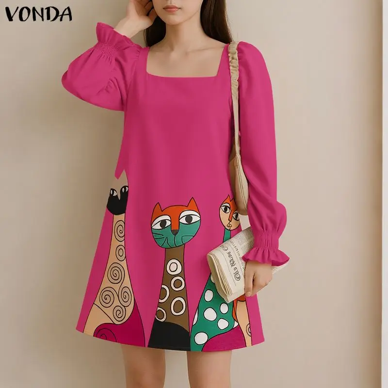 

Плюс размер 5XL VONDA модное мини-платье с квадратным воротником женское летнее платье с длинным рукавом с принтом кота элегантная уличная одежда Vestidos
