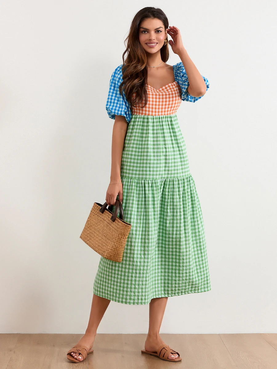 Women Y2k Plaid Contrast Color Dresses Short Puff Sleeve Square Neck Tie Up Plaid Dress Smocked Ruffle Flowy Beach Boho Dress