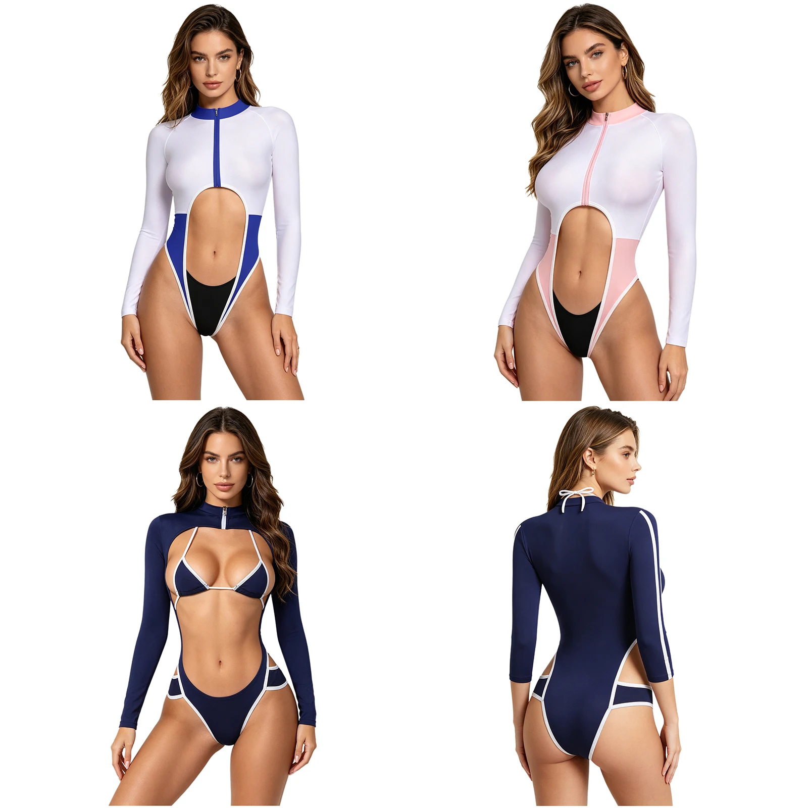 Womens One Piece Swimsuit Anime Style Hollow Out Monokini Long Sleeve Front Zipper Open Crotch High Cut Bathing Suits