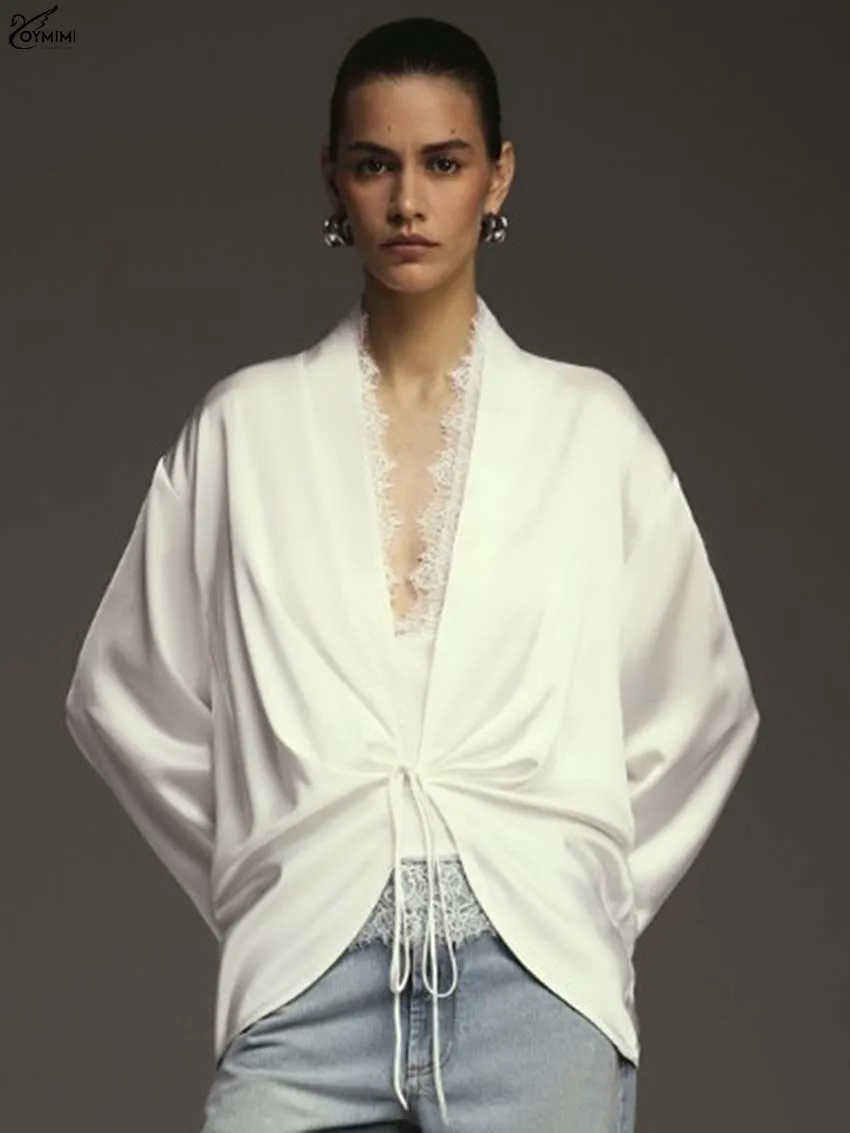 Oymimi Fashion White Satin Women's Shirt Elegant V-Neck Long Sleeve Lace-Up Blouses Casual New Solid Simple Blouses Streetwear