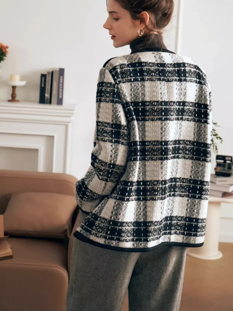 Jaket Wanita OLrain Blends 2025 Musim Gugur Terbaru Musim Dingin Mantel V-neck Elegan untuk Kerja Santai Longgar Motif Kotak-kotak Pakaian Luar Wanita G23DN65988
