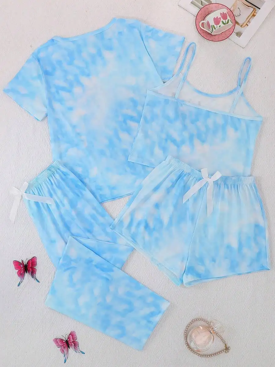 4pcs Women Cooling Pajama Set With Camisole Shorts And Pants Ocean Cloud Print Loose Fit Sleepwear