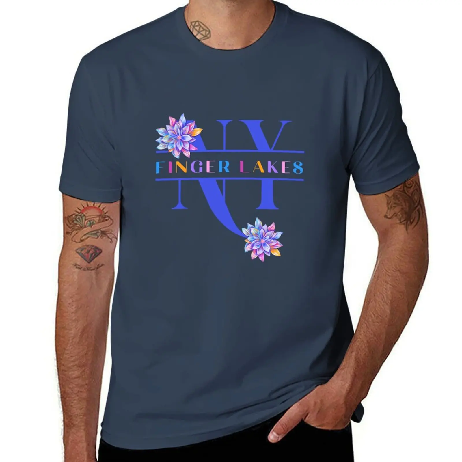Finger Lakes NY Rainbow Flowers T-Shirt Novelty Graphic Tee Shirt