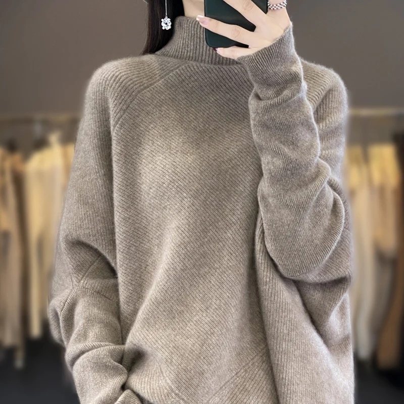 Women\'s 100% Australian Wool Sweater, Casual Knitting, Long Sleeved, Half High Neck, Loose Fitting, Pure Wool, New