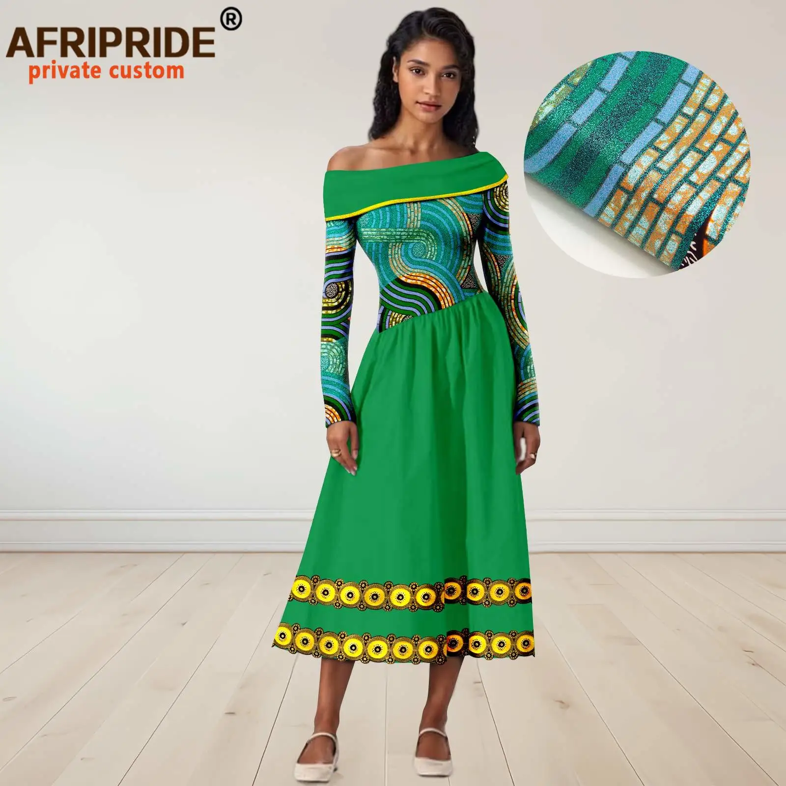 African Dresses for Women Off Shoulder Long Sleeve High Sleeve Embroidery Elegant Print Dress Midi Dress Party Attire 2425021