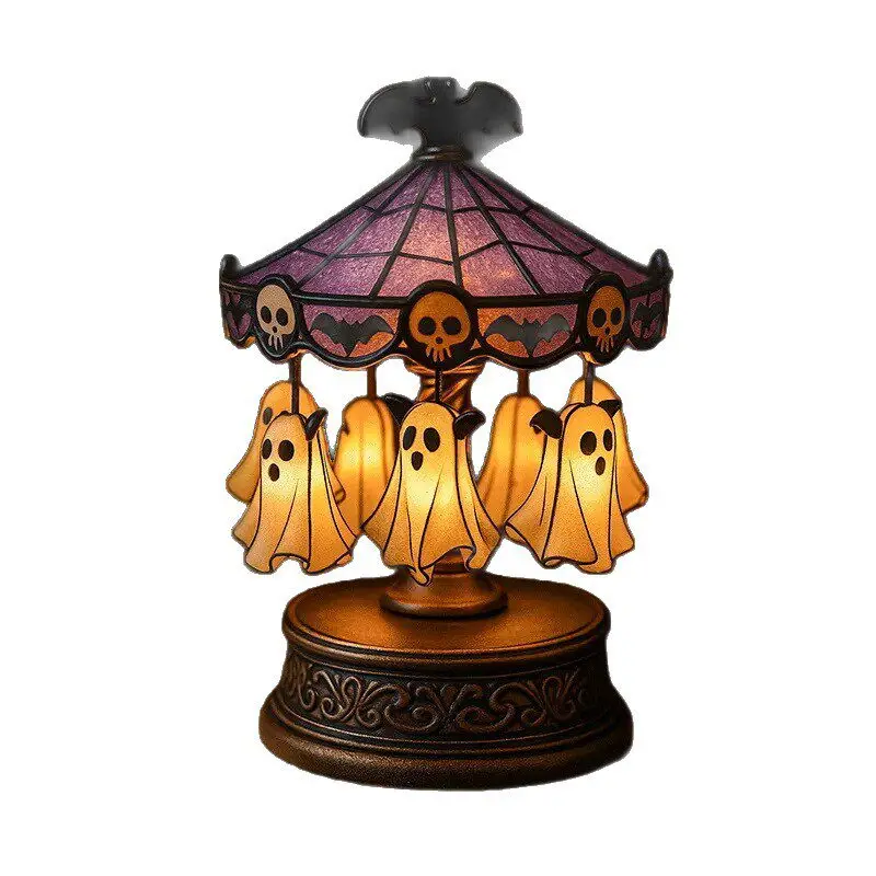 Halloween Ghost Carousel Night Floor Lights Vintage Stained Glass Carousel Table Lamps For Bedroom Home Kitchen Mantel Tabletop