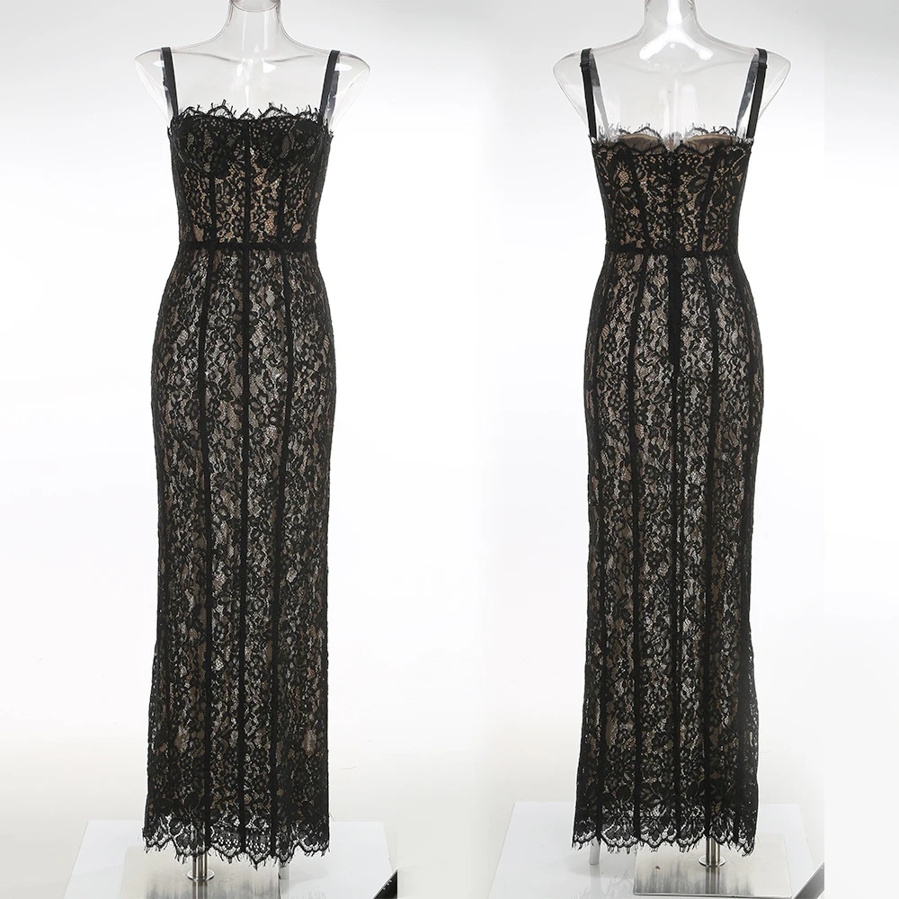 Fashionable Elegant Lace Corset Maxi Dress Vintage Spaghetti Strap Bustier Bodycon Evening Gown for Dinner Party Wedding Guests