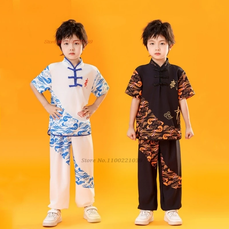 

2024 traditional chinese childen vintage wushu kung fu costume tai chi kungfu set national flower print martial art exercise set