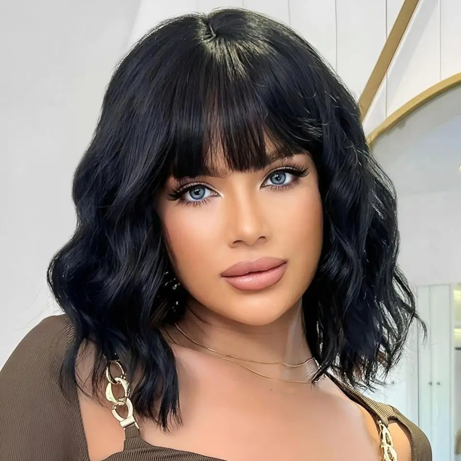 

Short Bob Body Wave Wigs Human Hair Wig With Bangs 3X1 Middle Part Lace Wig 180% Density Brazilian Fringe Bob Wigs For Women