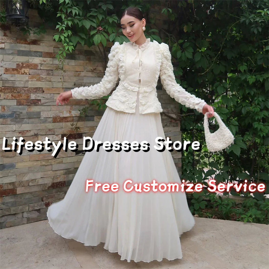 Vintage Pearls Ruffles Evening Dresses Long Sleeves A-Line Chiffon Elegant Prom Dresses 2 Piece Wedding Formal Party Gown