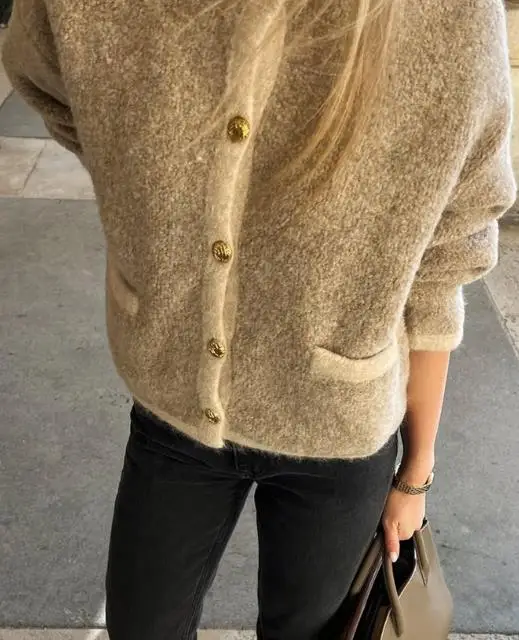 Outono nova cor sólida em torno do pescoço único breasted fino ajuste pequeno estilo perfumado jaqueta de malha para feminino elegante jaqueta casual