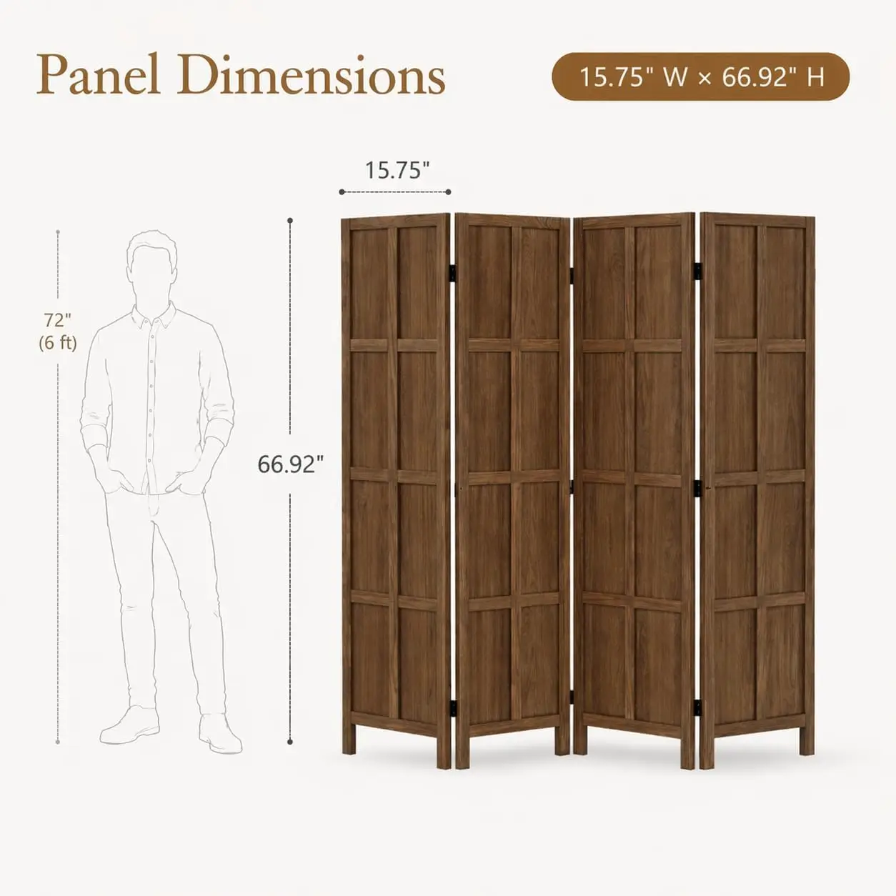 4 Panel Room Divider, 5.6Ft Wood Dividers and Folding Privacy Screens, Divider Wall Freestanding Partitions