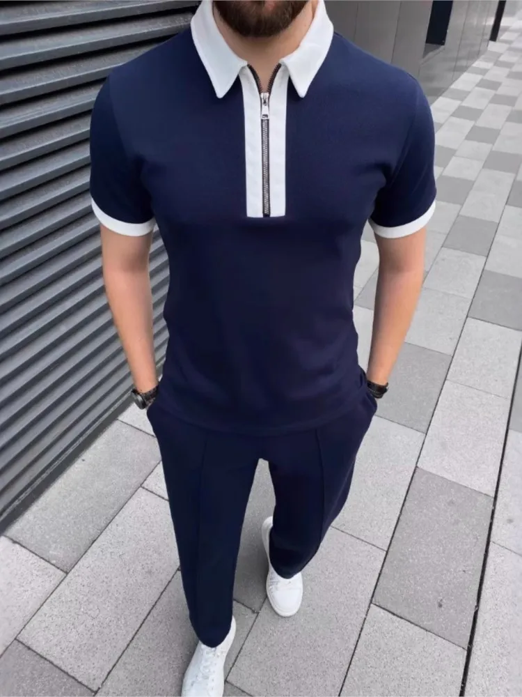 Spring Autumn men's Sets 2pcs T Shirts Pants Suit business Outfits 2025 Half zip lapel PoLo Aesthetic Clothes Men Tracksuit