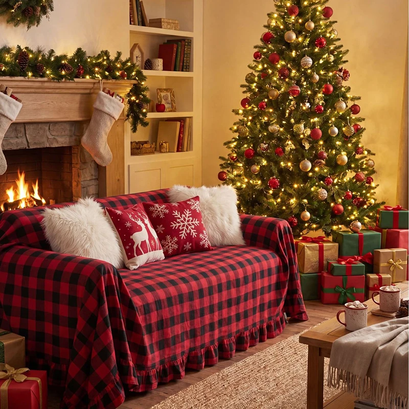 Christmas Buffalo Plaid Ruffle Couch Cover 3 Seater Sofa Couch Cover for Xmas Home Decoration Dogs Cats Protector Cushion Covers