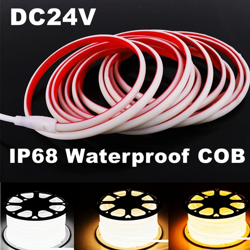 เทปหลอดไฟ LED COB LED แบบยืดหยุ่นได้320 LED/m IP68 CRI90กันน้ำท่อซิลิโคน DC24V ความหนาแน่นสูงไฟเส้น LED